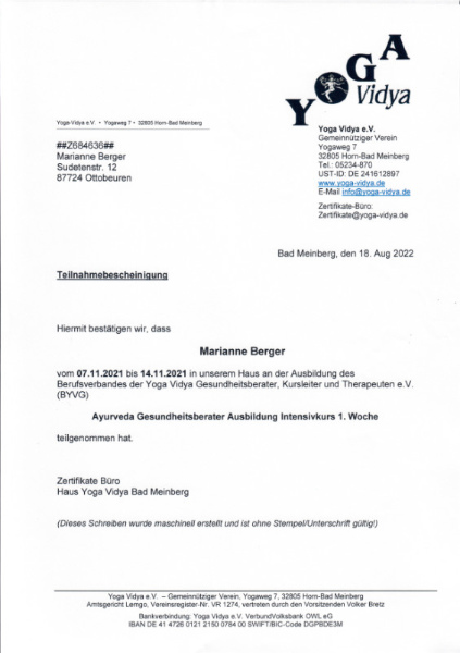 Teilnahmebescheinigung - Gesundheitsberaterin in Ayurveda - Yogastudio Nanda