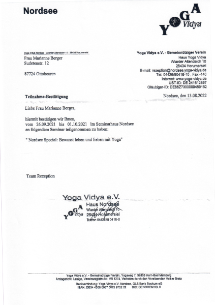 Teilnahmebestätigung für Weiterbildung bewusst leben und lieben mit Yoga - Yogastudio Nanda