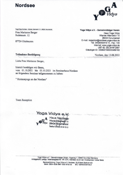 Teilnahmebestätigung Hormonyoga Weiterbildung - Yogastudio Nanda