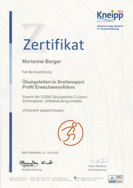 Zertifikat Übungsleiterin Breitensport Profil Erwachsene/Ältere - Yogastudio Nanda