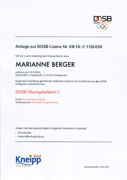 Anlage zur DOSB Lizenz - Übungsleiterin - Yogastudio Nanda