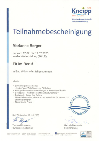 Teilnahmebescheinigung Weiterbildung Fit im Beruf - Yogastudio Nanda