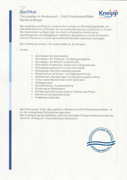 Zertifikat - Details zum Übungsleiter in Breitensport DOSBC - Yogastudio Nanda