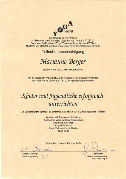 Teilnahmebescheinigung für Weiterbildung Yogalehrerin für Kinder und Jugendliche